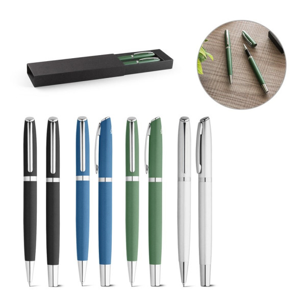 RE-LANDO-SET. Tintenroller und Kugelschreiber mit Gehäuse aus Recyceltes Aluminium (100% rAL)