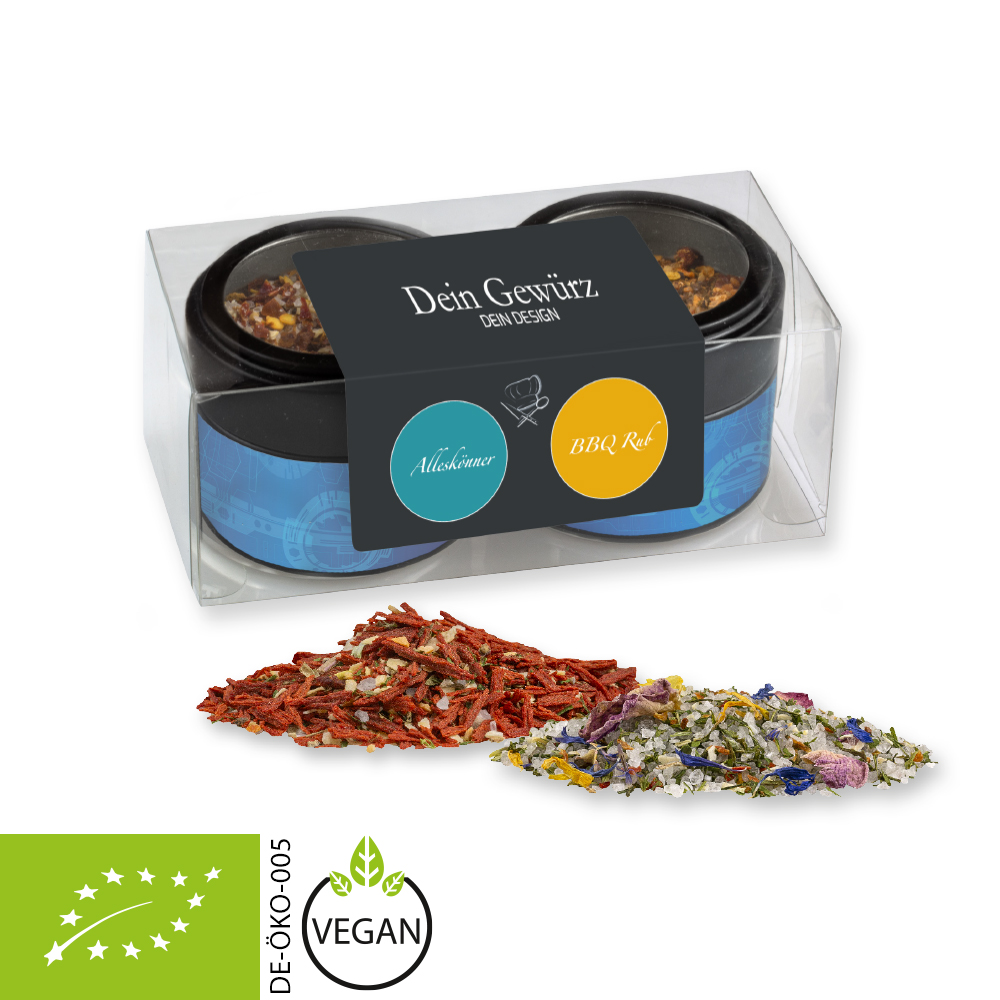 verschiedene Gewürzmischungen Bio und nicht Bio (Kategorie 3), ca. 70-220g, Metalldose Mini mit Sichtfenster im 2er Set