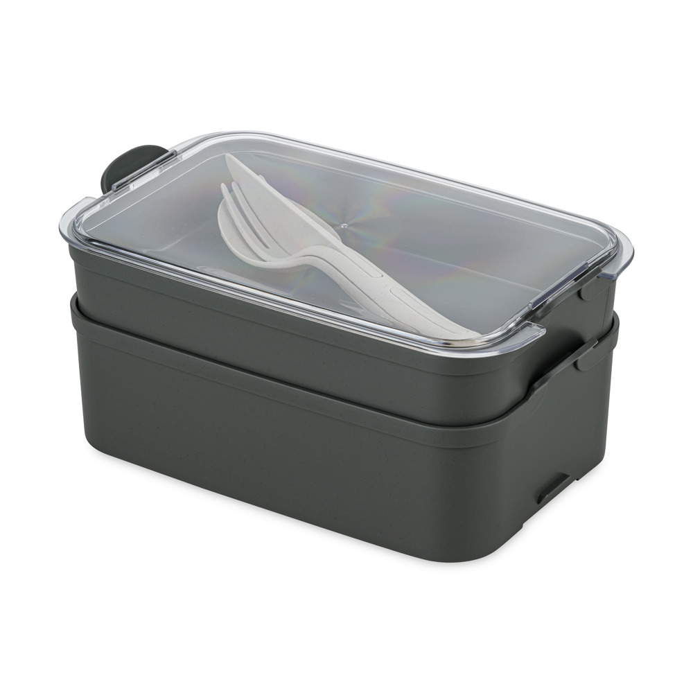 Koziol STAKK BENTOBOX READY Bentobox 2l+Liquidsafe Box+Besteckset - nature ash grey/crystal clear