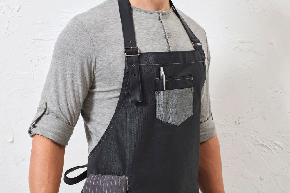 PR136 - Division - Waxed look denim bib apron with faux leather