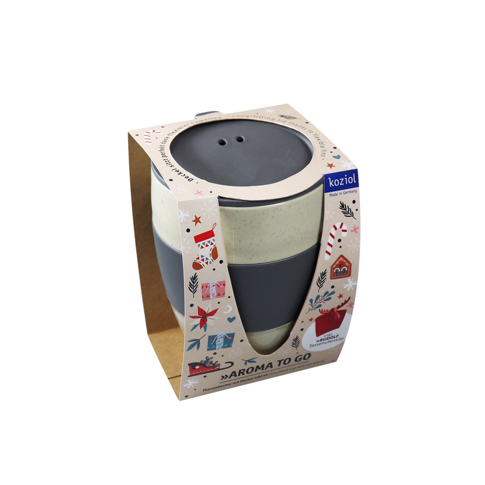 KOZIOL AROMA TO GO + RUDOLF Thermobecher 400 ml + Tassenutensilo + XMAS Banderole - nature ash grey/red
