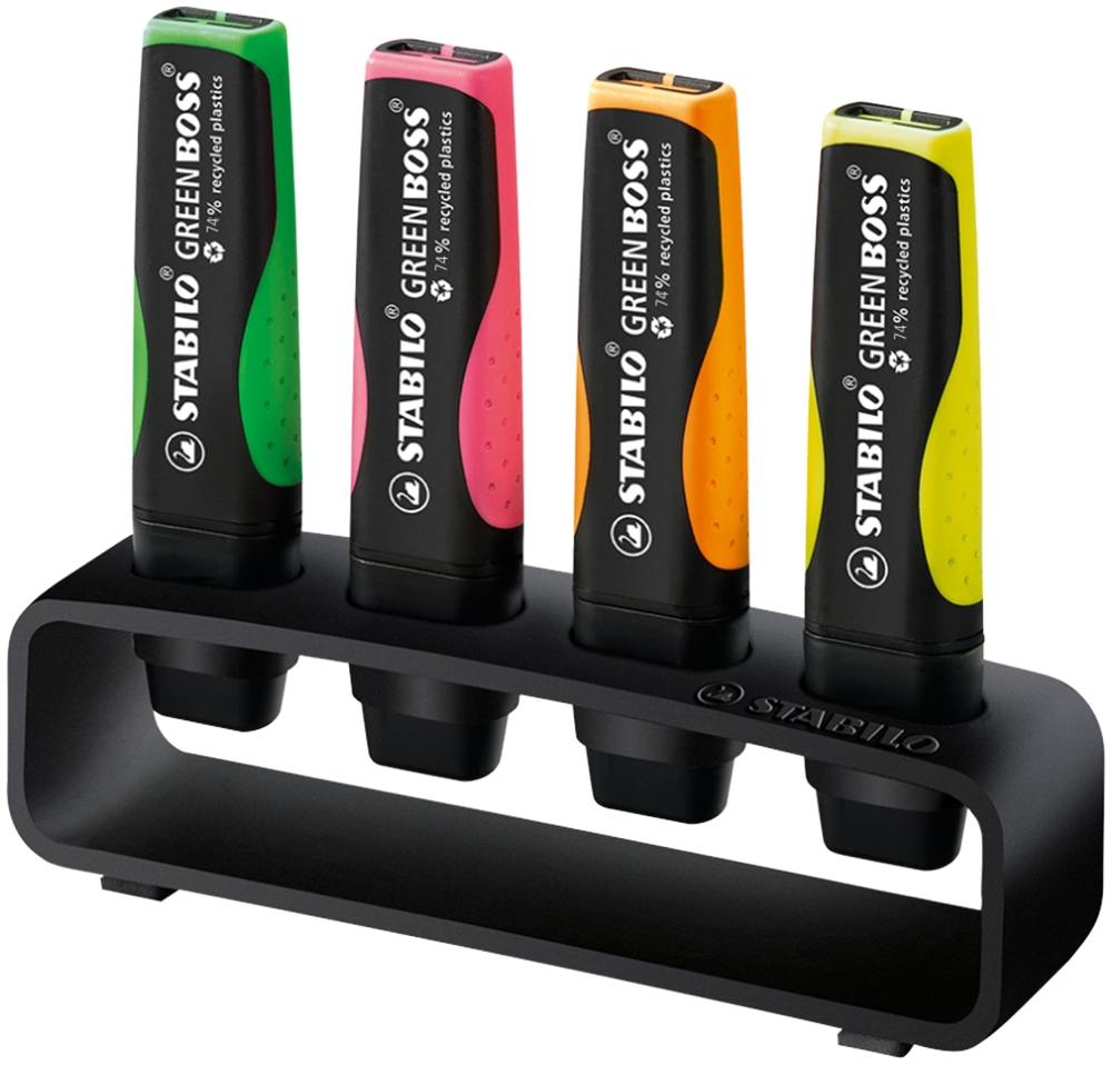 STABILO GREEN BOSS 4er Tisch-Set Leuchtmarkierer, schwarz