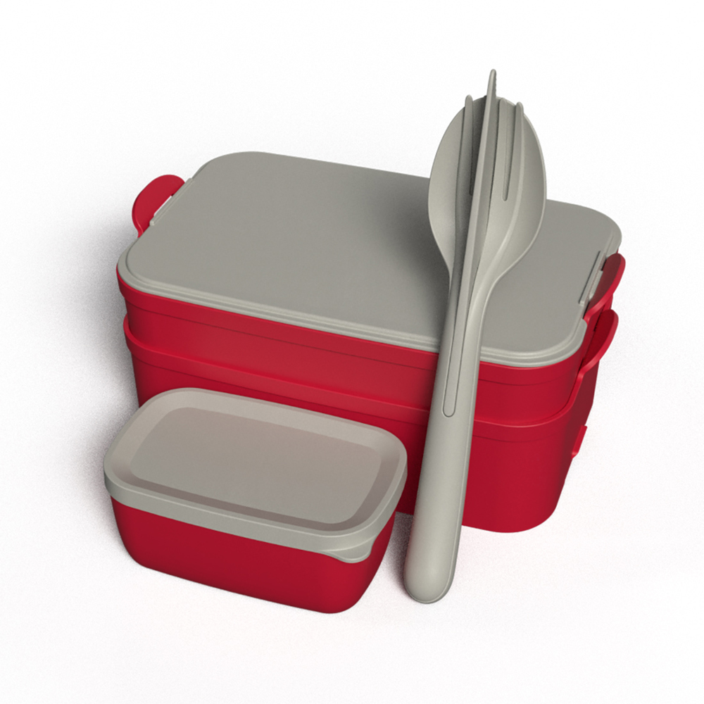 Koziol STAKK BENTOBOX READY Bentobox 2l+Liquidsafe Box+Besteckset - nature red