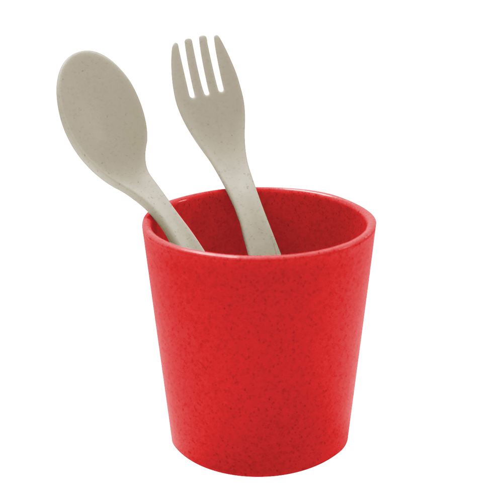 KOZIOL EASY EATER SET Becher+Besteckset 2-teilig - nature desert sand/nature red