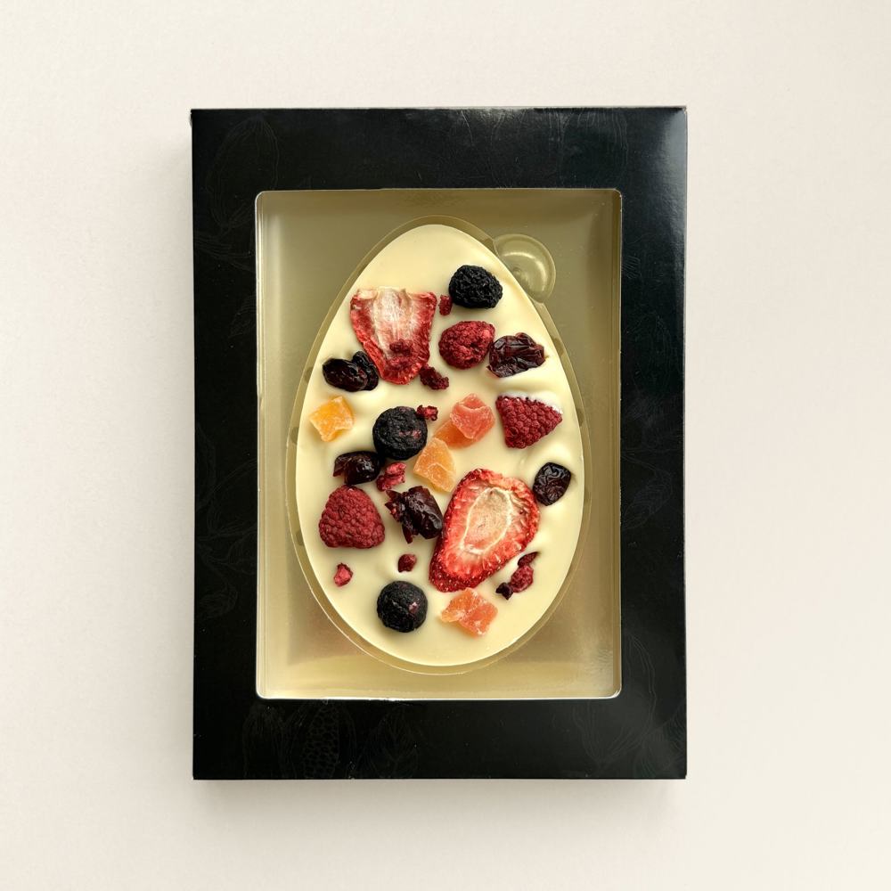 Luxus Schokoladen-Osterei mit Früchten | Weiß | Geschenkbox | 105g