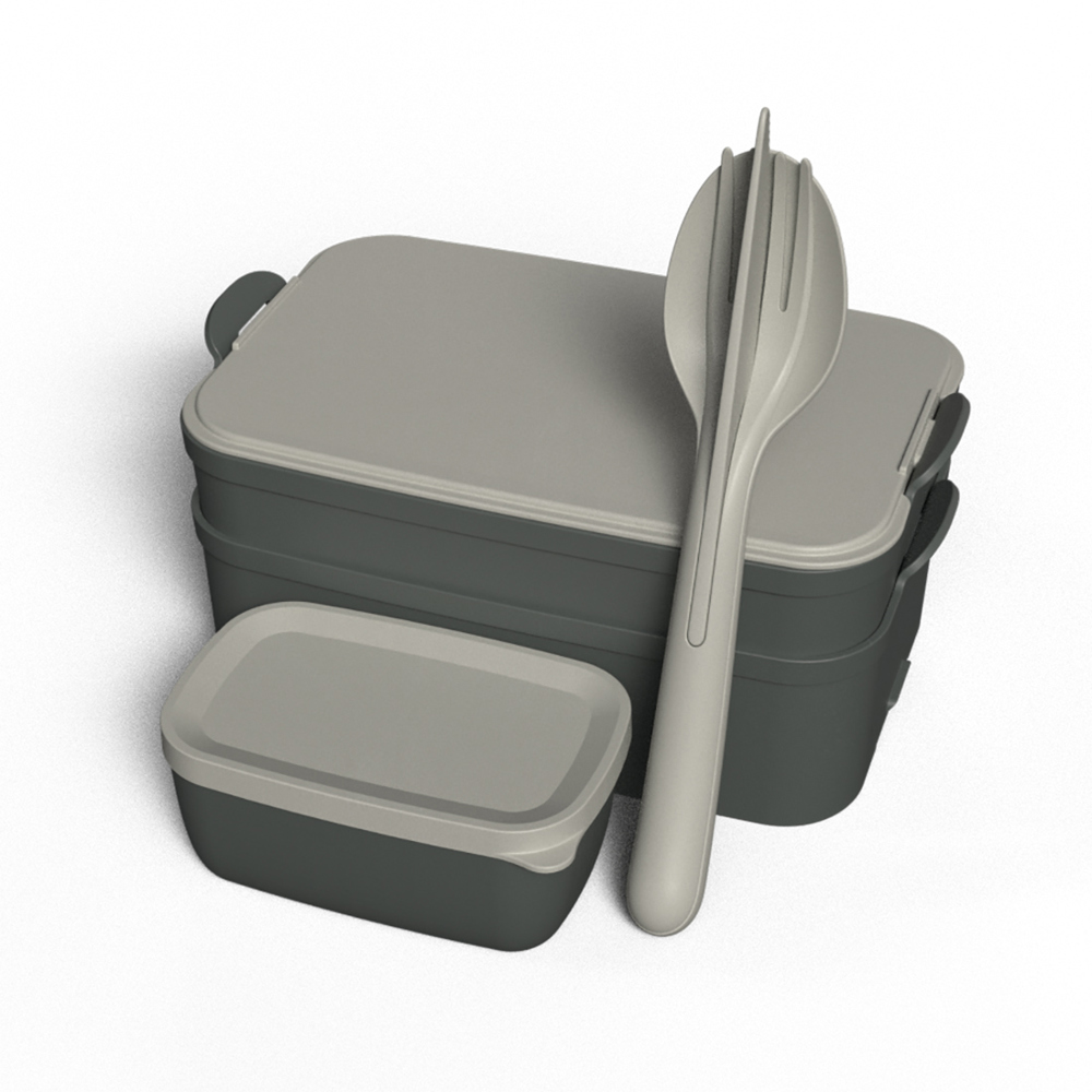 Koziol STAKK BENTOBOX READY Bentobox 2l+Liquidsafe Box+Besteckset - nature ash grey