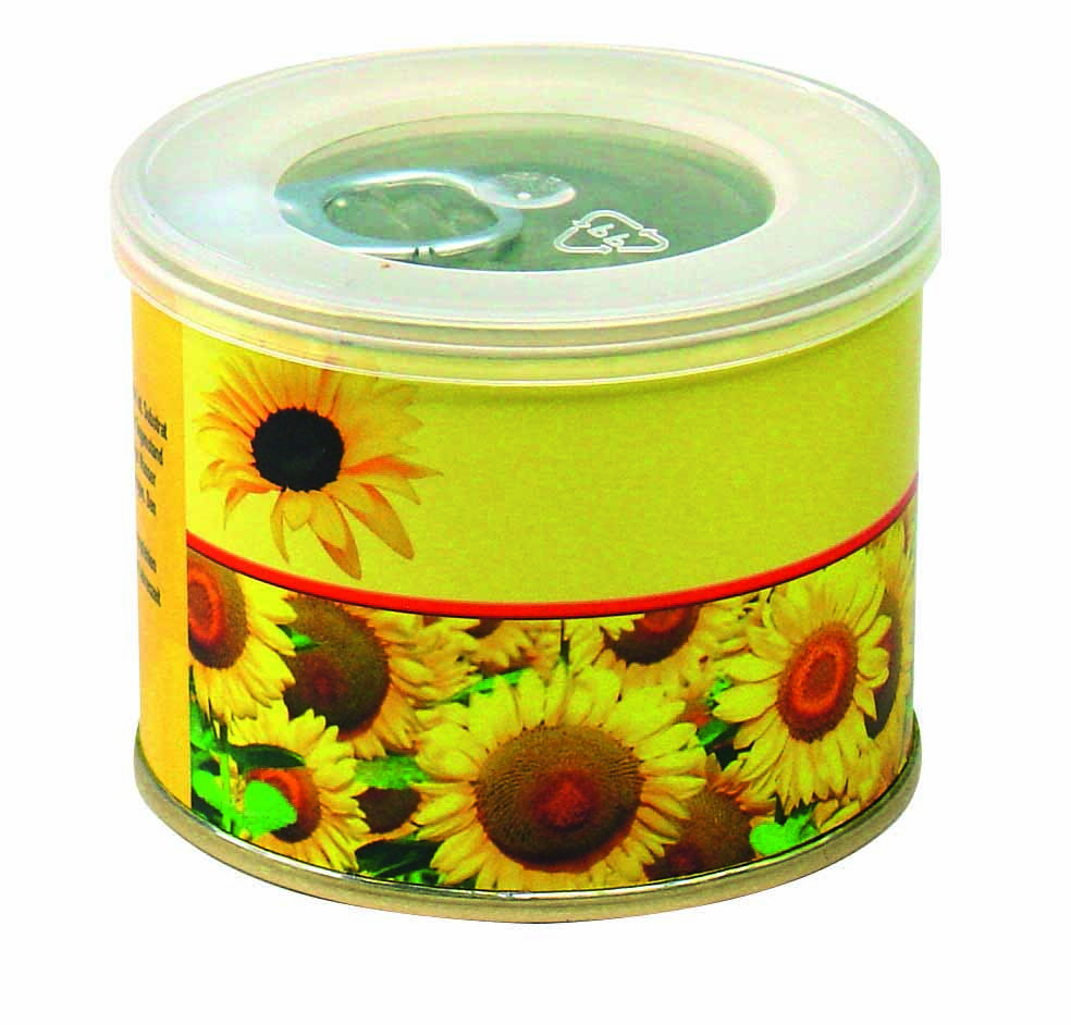 Sonnen-Dose, Ø 73x58 mm, Zwergsonnenblume, inkl. Digitaldruck 1-4/0 c
