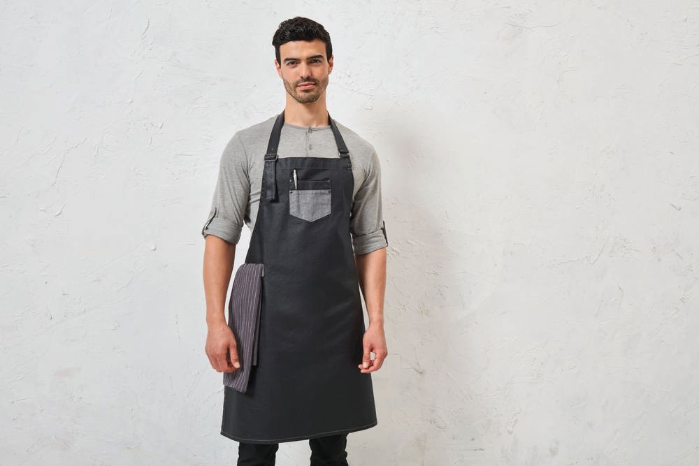 PR136 - Division - Waxed look denim bib apron with faux leather