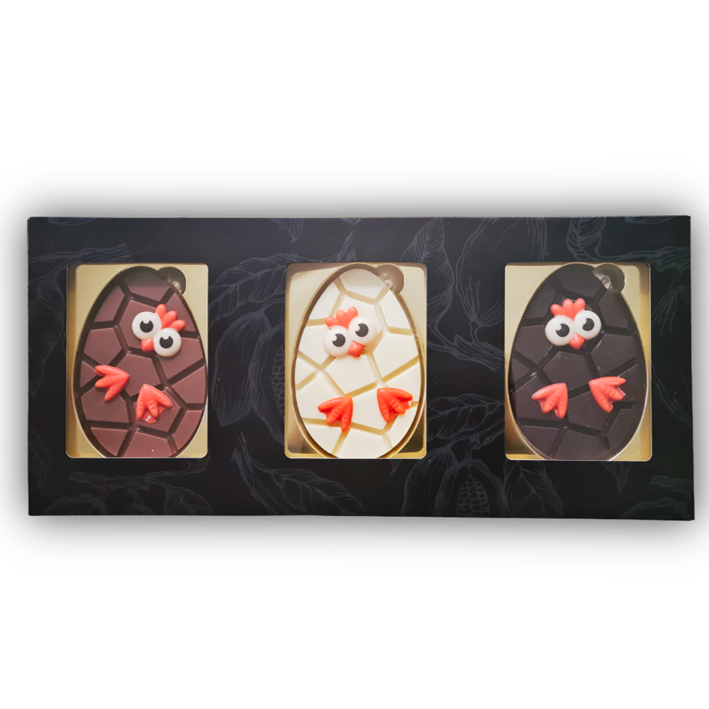 Banderole mit Trio-Schokoladen-Ostereiern | Küken-Motiv | Milch/Weiß/Zartbitter | 290 g