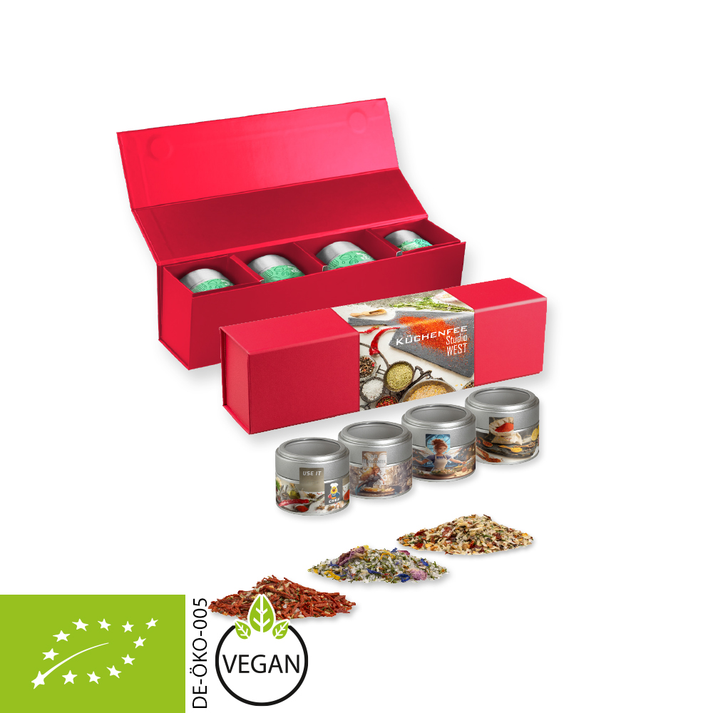 verschiedene Gewürzmischungen Bio und nicht Bio (Kategorie 2), ca. 64-260g, Geschenk-Set Premium rot mit Magnetverschluss und 4 Metalldosen Mini mit Sichtfenste