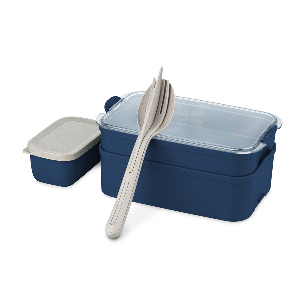 Koziol STAKK BENTOBOX READY Bentobox 2l+Liquidsafe Box+Besteckset - nature shadow blue/crystal clear