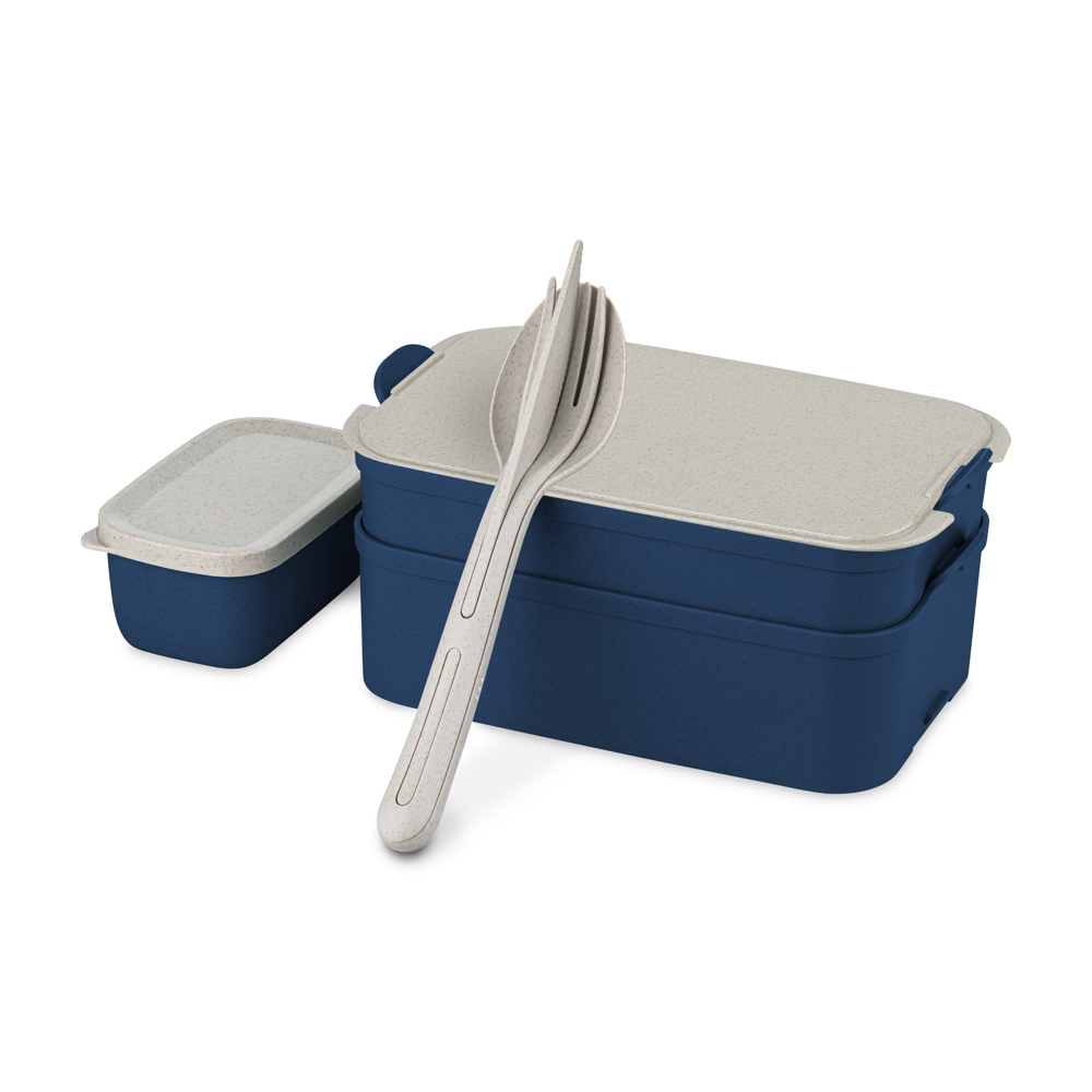 Koziol STAKK BENTOBOX READY Bentobox 2l+Liquidsafe Box+Besteckset - nature shadow blue