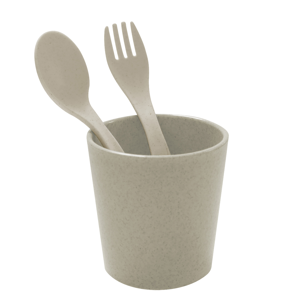 KOZIOL EASY EATER SET Becher+Besteckset 2-teilig - nature desert sand