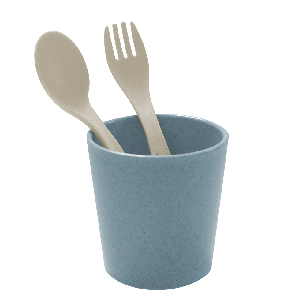 KOZIOL EASY EATER SET Becher+Besteckset 2-teilig - nature desert sand/nature flower blue