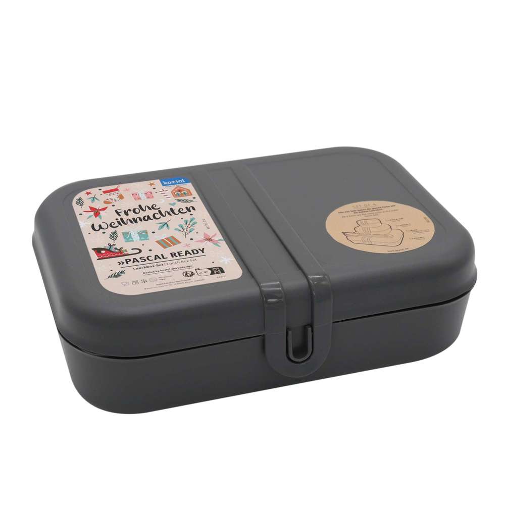 KOZIOL PASCAL READY Lunchbox-Set + Besteck-Set + XMAS Sticker - nature ash grey