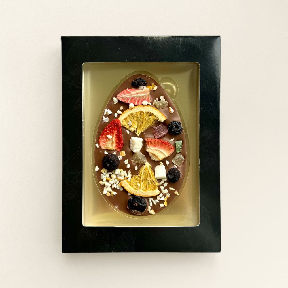 Luxus Schokoladen-Osterei mit Früchten | Vollmilch | Geschenkbox | 105g