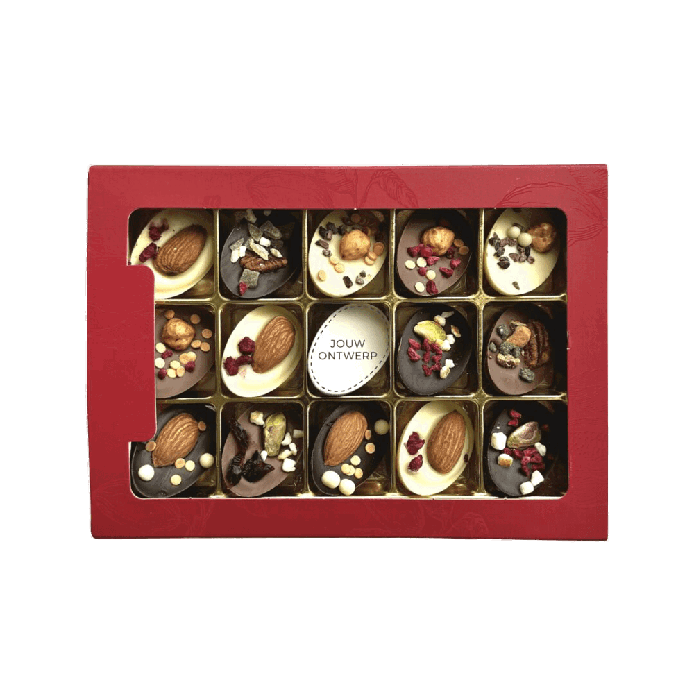 Luxus Schokoladen-Ostereier mit Früchten und Nüssen | Vollmilch/Weiß/Zartbitter | Geschenkbox | eigenes Logo | 201g