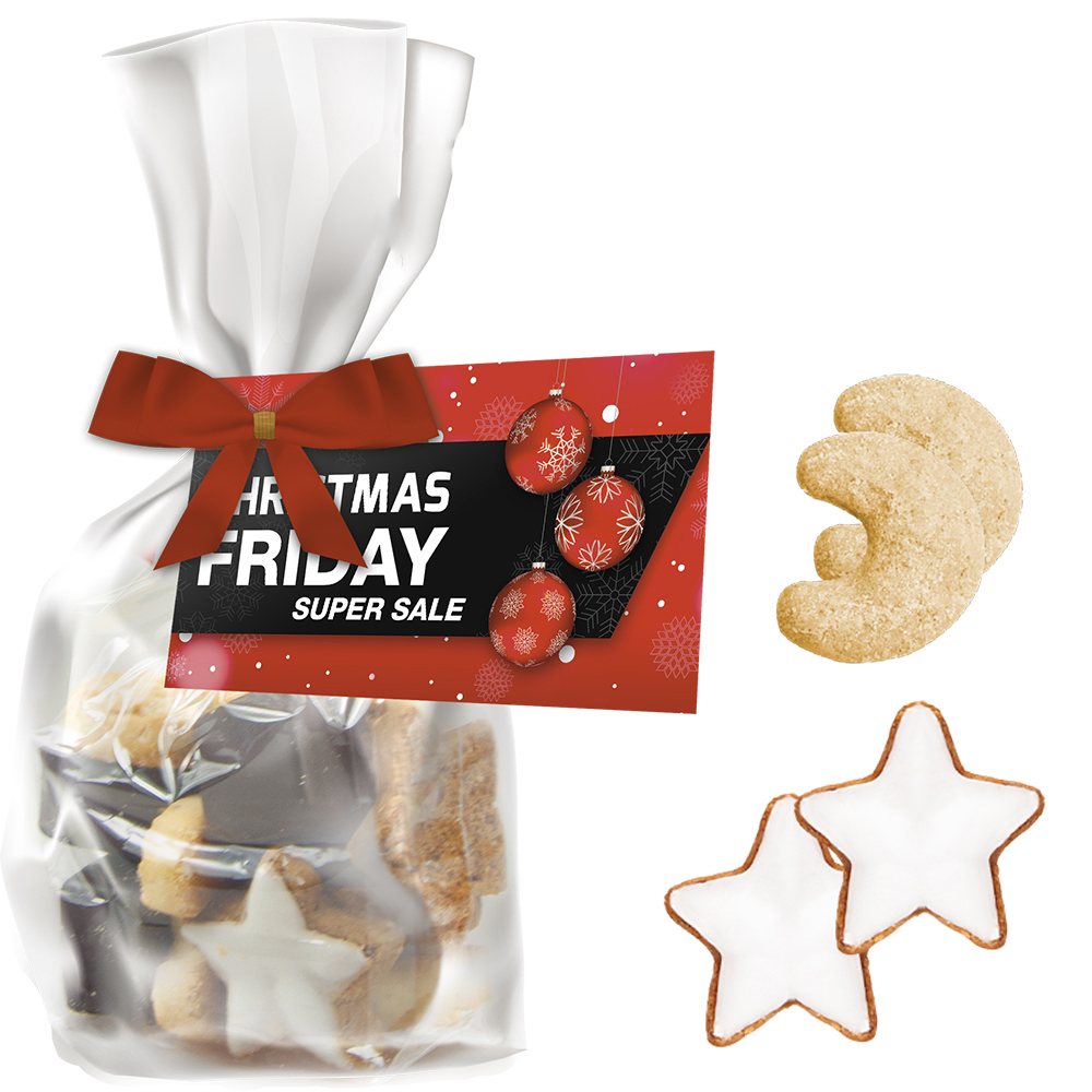 Weihnachtsgebäck Mischung, ca. 115g, Express Standbeutel Midi mit Schleife mit Werbekarte