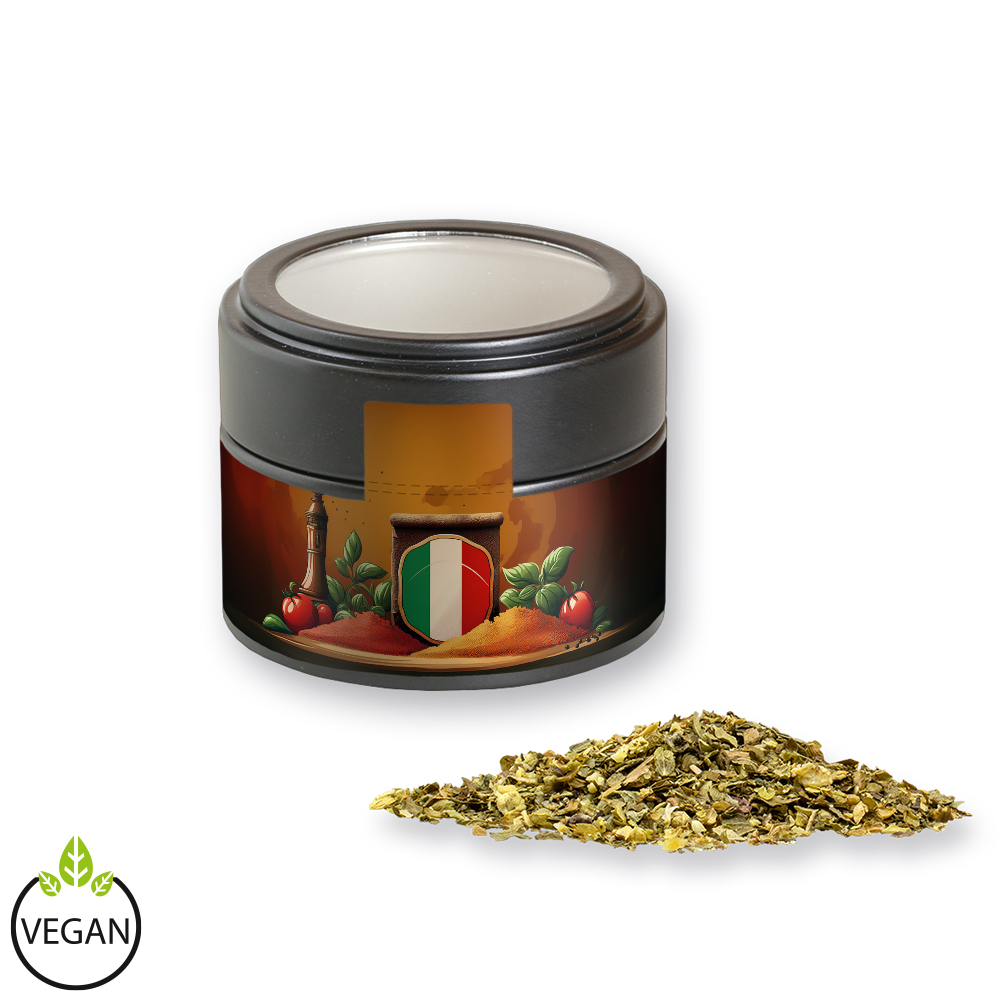 Gewürzmischung Pizza-Kräuter, ca. 16g, Metalldose Mini mit Sichtfenster schwarz