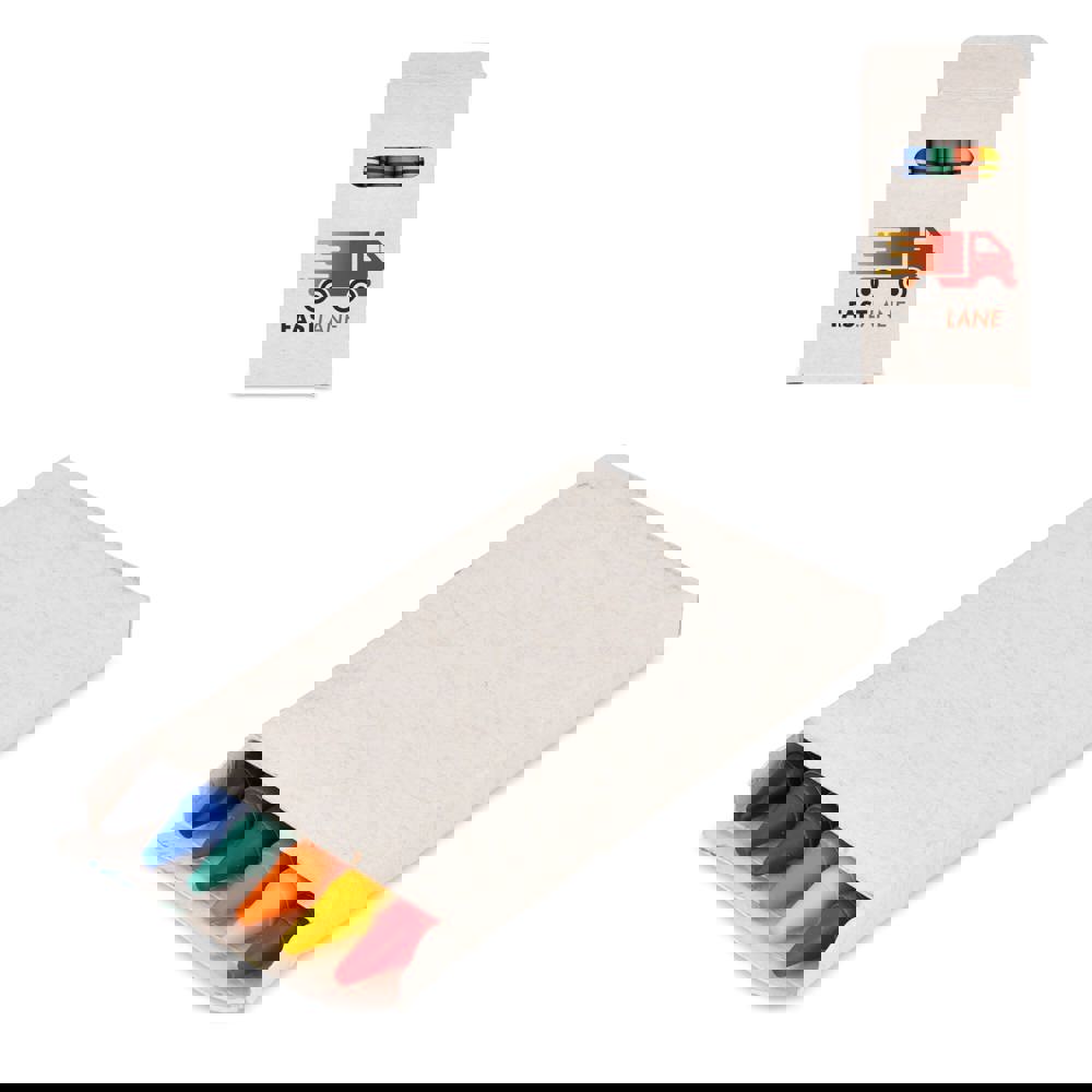 6 Wachsmalstifte in einer Schachtel aus recyceltem Milchkarton